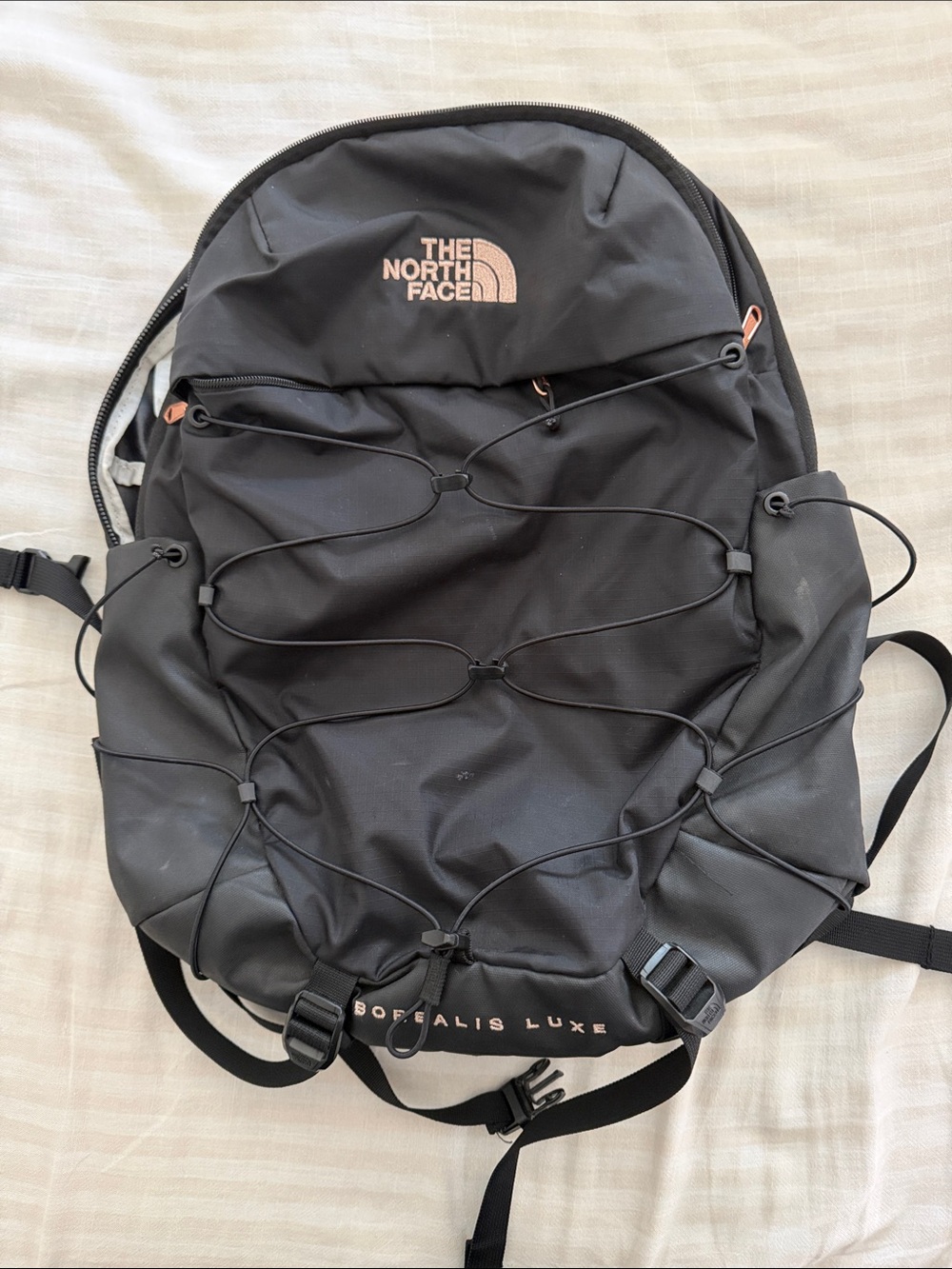 The North Face Borealis Luxe Black Backpack with Rose Gold Logo